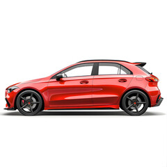Obraz premium A stunning red sporty compact car showcases its sleek design from the side on a white background, perfect for advertising in both print and digital media for automotive enthusiasts