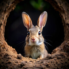 Fototapeta premium Adorable rabbit peeking through a burrow, with big ears and bright eyes in a natural setting