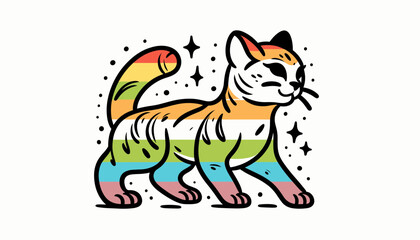 Obraz premium Savannah Cat With LGBTQ Rainbow Pride Flag Funny Pround Mom Dad of Gay Lesbian Ally Vector Clipart