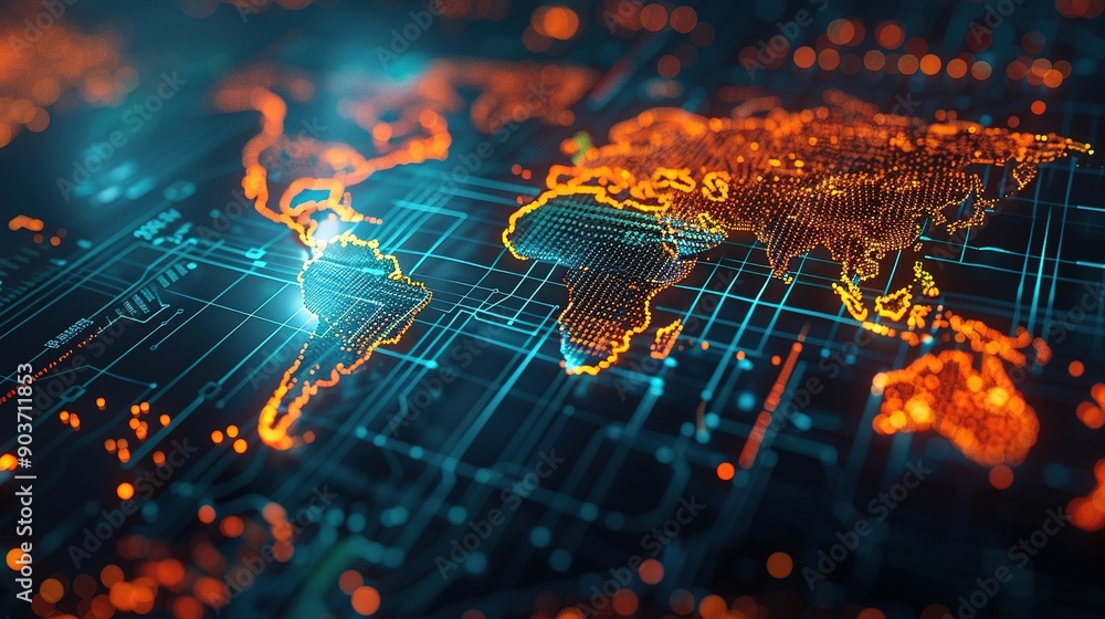 Poster global network illumination: a high-tech world map glows with intricate circuitry, symbolizing globa