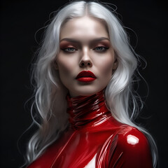 face of a person with white hair in a glossy red outfit