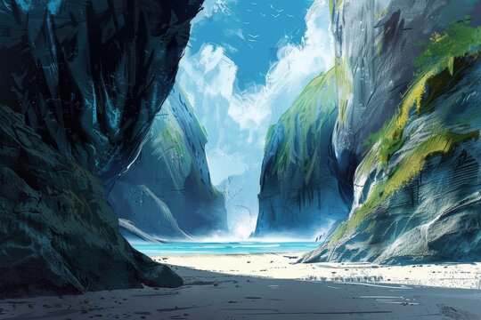 Towering cliffs and a hidden beach with bright blue waters