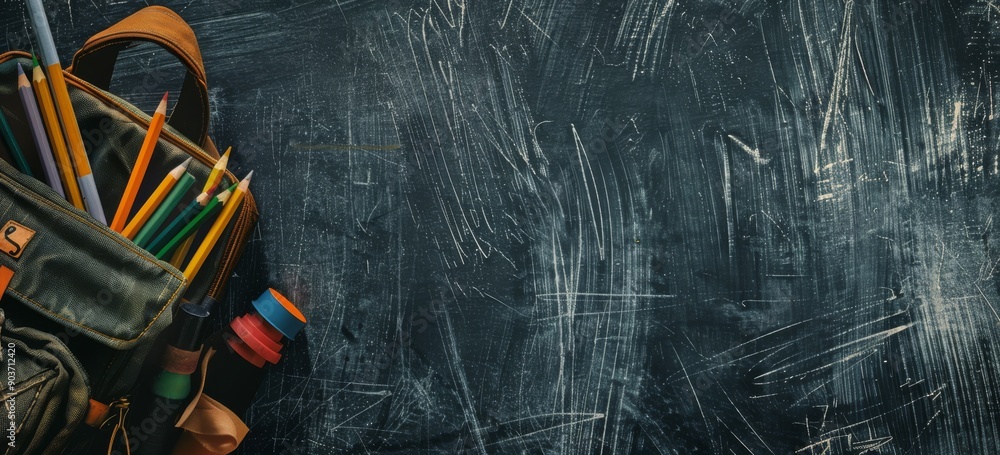 Poster colorful pencils and school supplies on a scratched chalkboard backdrop signify a ready-to-learn env