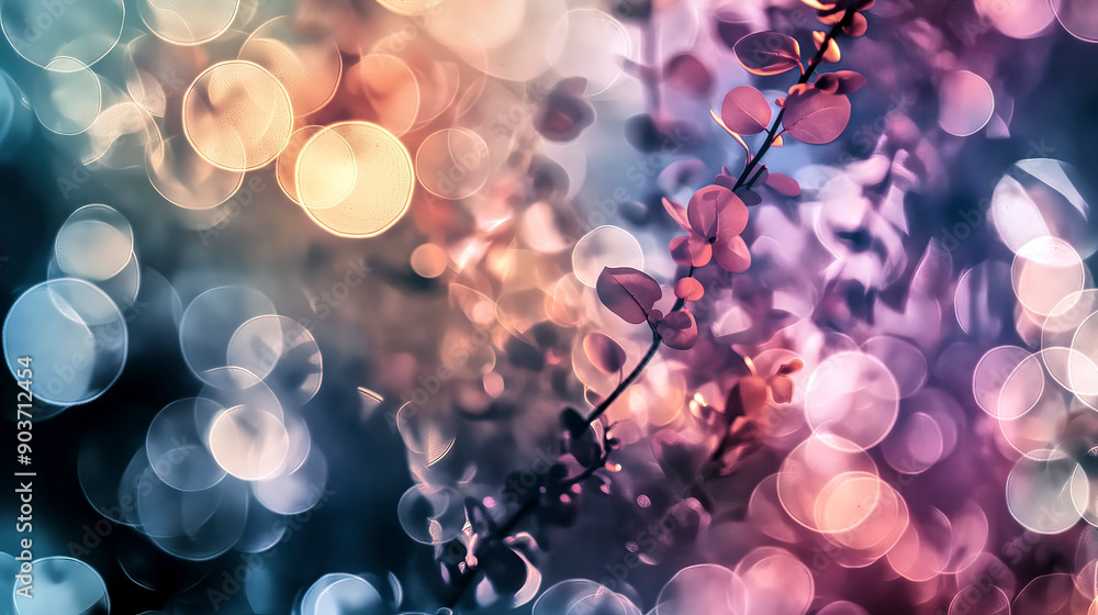 Poster red leafed branch growing against a sparkling bokeh backdrop with a touch of vintage filter