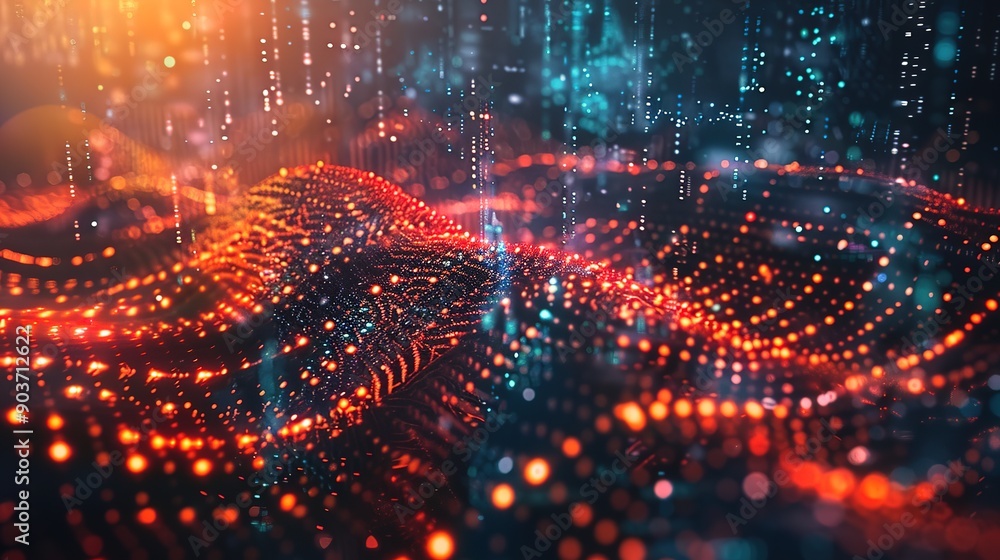 Poster digital genesis: a swirling vortex of vibrant colors and light streaks, depicting the dynamic flow o