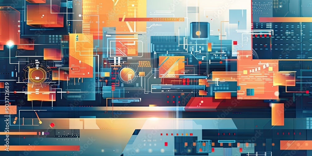 Poster vector illustration of digitization of business with processes modern technology on virtual screen