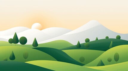 Obraz premium Serene landscape at dawn features rolling green hills under soft sunlight illustration.