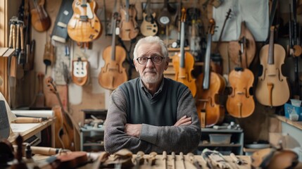 Elderly man in a workshop filled with stringed musical instruments, including violins, guitars, and cellos, standing by a workbench with tools and instrument parts.