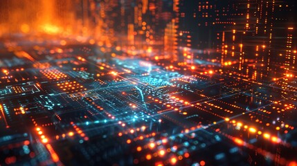 Fototapeta premium Cybernetic Cityscape: A futuristic metropolis pulsates with energy, its intricate network of circuits and data streams illuminating the digital frontier. 