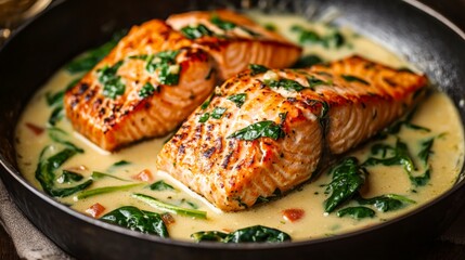 salmon in a creamy garlic and spinach sauce