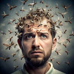 Man surrounded by mosquitoes, expressing frustration and annoyance with the insects