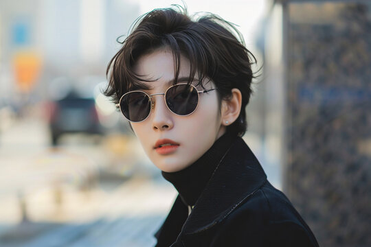 Handsome Asian man with glasses standing on the street posing on a gray background. Portrait of a young fashionable Korean man. Generated by artificial intelligence