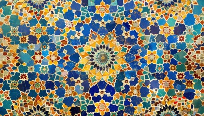 Detail of traditional Persian mosaic wall with geometrical ornament in Iran, Arabic Islamic pattern