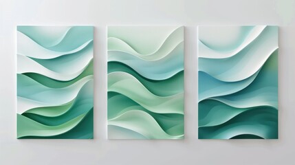set of three abstract wave wall art panels with green and blue design