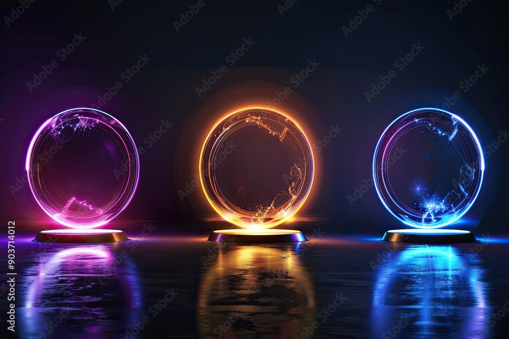 Poster three different glowing circular portal with hologram light effect on black background
