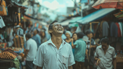 Fototapeta premium A man in a white shirt laughs joyfully while surrounded by people in a busy market, his exuberance lighting up the scene.
