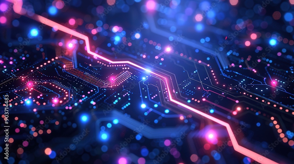 Poster digital synapses: a mesmerizing close-up of a vibrant circuit board, pulsating with neon energy, emb