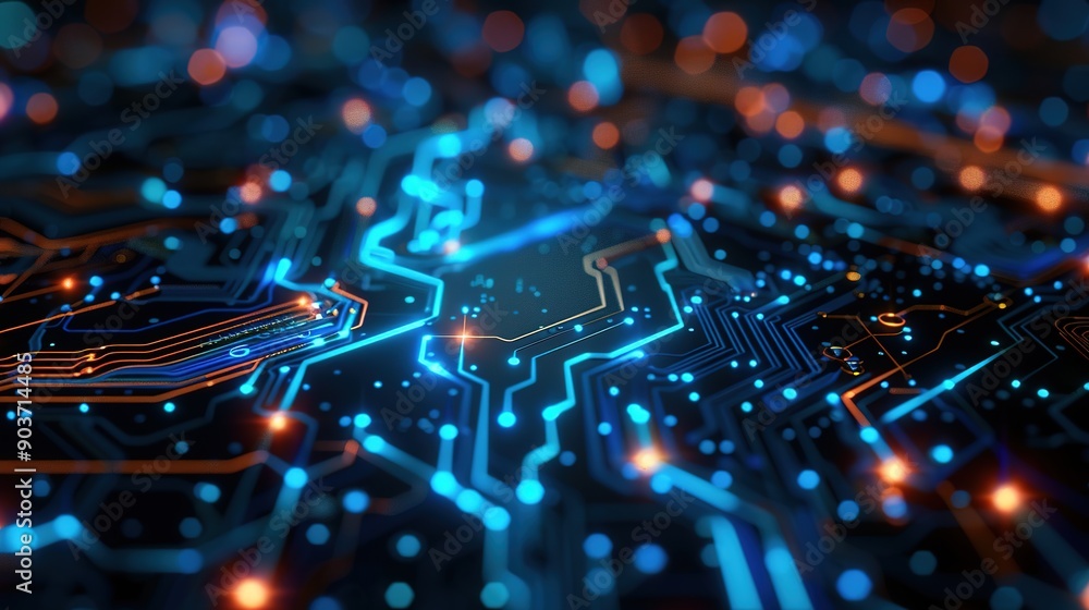 Aufkleber digital brain: a mesmerizing close-up of a circuit board ablaze with vibrant blue and orange lights,