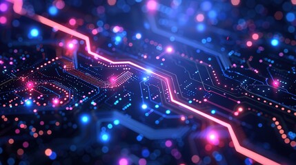 Digital Synapses: A mesmerizing close-up of a vibrant circuit board, pulsating with neon energy, embodies the power and complexity of modern technology. 