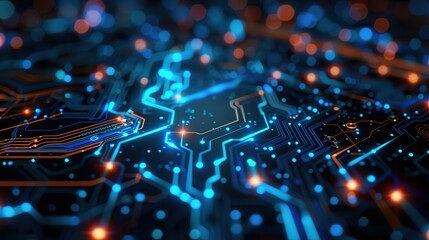 Digital Brain: A mesmerizing close-up of a circuit board ablaze with vibrant blue and orange lights, illustrating the power and complexity of modern technology. 