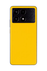 The back of smartphone isolated on a white background. The back panel of the smartphone is made of yellow eco-leather.