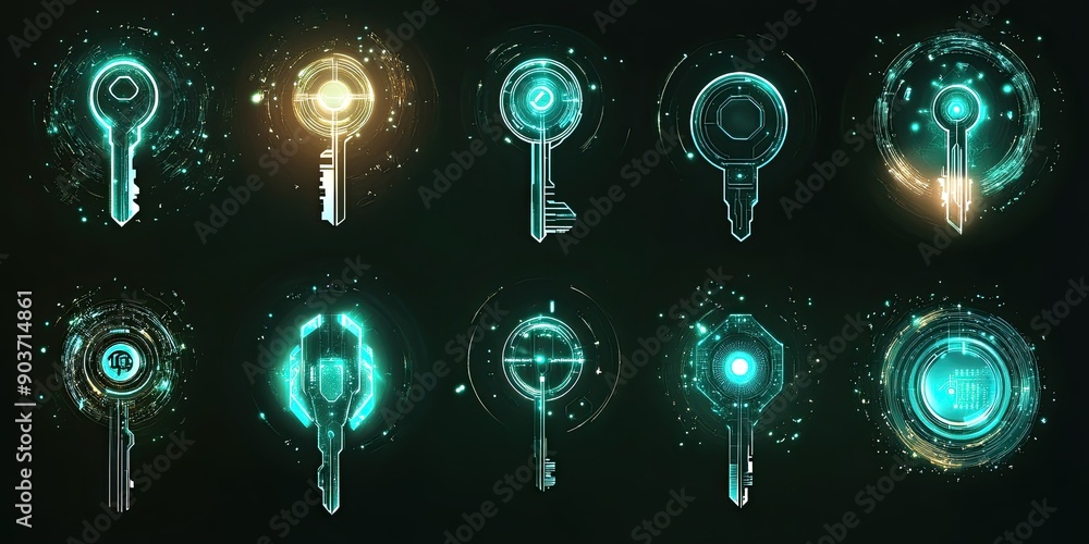 Poster set of different futuristic smart key cyber security with glowing sparkles on black background