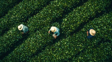 Naklejka premium asian workers handpicking green tea leaves in a tea field