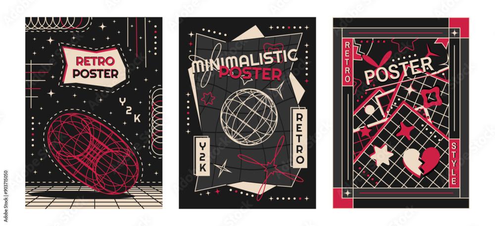 Poster set of posters with 3d wireframe models. retro-futuristic aesthetics of the 2000s. vector template f