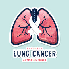 November, lung cancer awareness month - Text and white ribbons awareness cross pink lung with abstract line stripe texture sign sticker style on soft green background vector design