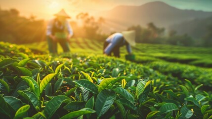 Fototapeta premium asian workers handpicking green tea leaves in a tea field