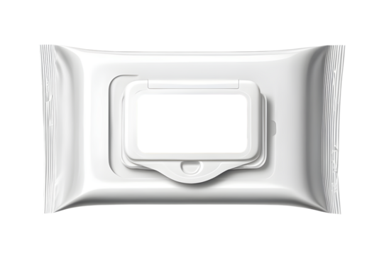Blank wet wipes flow pack isolated on a transparent or white background.