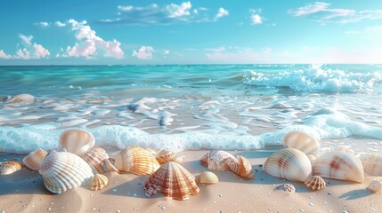 Seashells Whispering Serenity: Tranquil turquoise waters lap at a sun-kissed beach, where a collection of seashells rests on the warm sand, inviting you to escape to paradise. 

