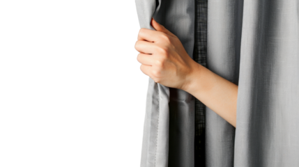 Hand open curtain on transparent background