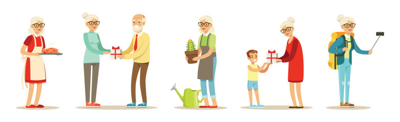 Senior Man and Woman Character Enjoy Retirement Vector Set