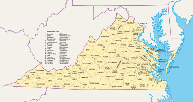 Virginia counties and cities, political map. Commonwealth of Virginia, a state in the Southeastern and Mid-Atlantic regions of the United States, subdivided into 95 counties and 38 independent cities.
