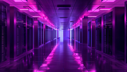 Fototapeta premium A high-tech data center with glowing purple and pink lights illuminating server racks in a long, reflective hallway.