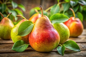 A group of pears with green leaves on top
