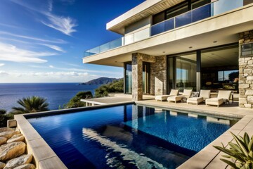 Fototapeta premium A large house with a pool and a view of the ocean