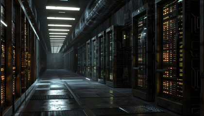 A dimly lit data center with rows of illuminated servers, showcasing a high-tech environment filled with advanced computing equipment.