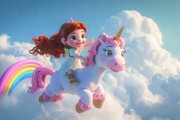 Fototapeta premium Cartoon style illustration of a red-haired girl riding a mythical unicorn in the clouds. Generated by artificial intelligence