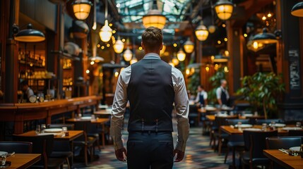 Obraz premium The Heart of Hospitality: A lone waiter, dressed in a crisp waistcoat, walks through a bustling restaurant, showcasing the warmth and service of a modern dining experience. The warm lighting and in