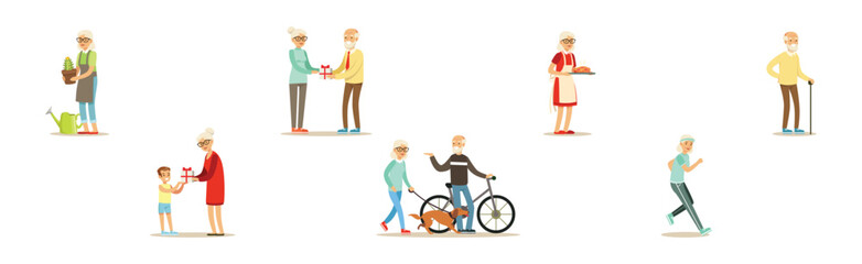 Senior Man and Woman Character Enjoy Retirement Vector Set