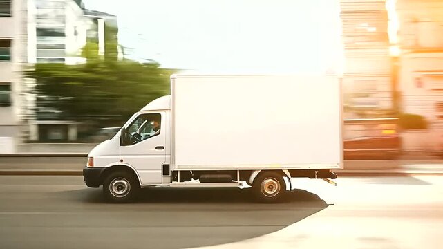 Side view of small truck vehicle with empty blank white mockup driving through city street. template for advertisement, commercial business transport, delivery cargo
