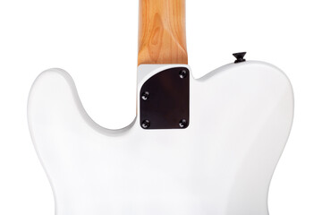 The back of white electric guitar body isolated on a white background. Guitar body back. The place where the guitar neck is attached to its body, rear view.
