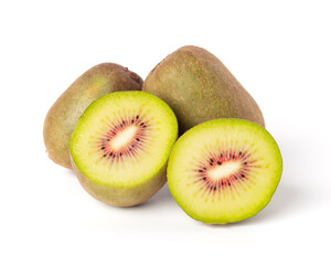 Three red kiwis on white background. Kiwi fruit front view. Two juicy kiwi halves.