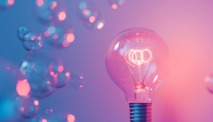 Close-up of a glowing light bulb emitting a pink and blue hue, surrounded by floating bubbles in a dreamy and abstract setting.