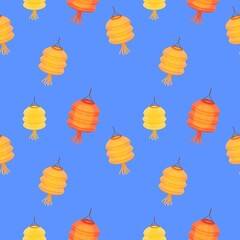 Seamless pattern cylinder paper lantern blue background