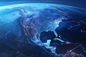Fototapeta premium Revolutionizing Connectivity: The Digital Evolution of North America with 5G Networks, Lighting Up Major Cities and Regions with High-Speed Telecommunication Infrastructure.
