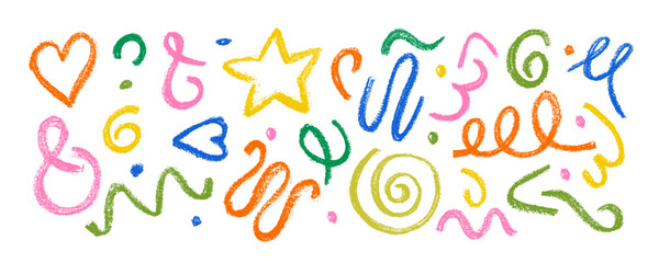 Collection of charcoal squiggle lines doodle punk and girly shapes. Bold pen brush drawn various doodle elements for templates and collages. Scribbles, scrawls, stars, heart, curly lines.
