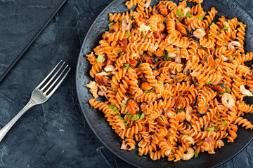 Pasta with mussels and shrimp.